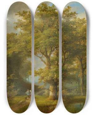 Triptych art skateboard deck of Johann Bernhard Klombeck Wooded Landscape With Peasant Couple Returning Home by Johann Bernhard Klombeck (1815-1893)