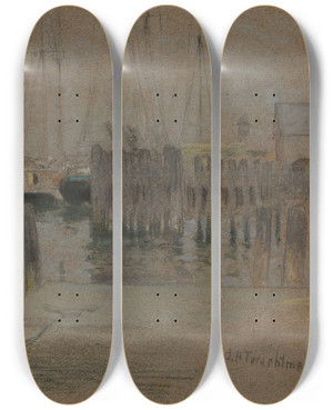 Triptych art skateboard deck of John Henry Twachtman Gloucester Harbor by John Henry Twachtman (1853-1902)