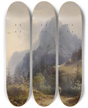 Triptych art skateboard deck of Heinrich Carl Schubert Blick Auf Das Mhlsteinhorn by Heinrich Carl Schubert (1827-1897)