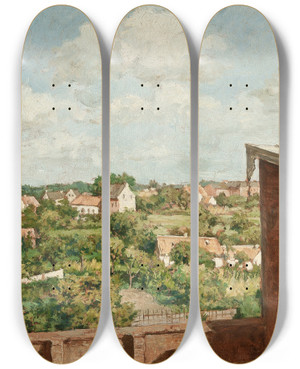 Triptych art skateboard deck of August Jernberg View From Dsseldorf by August Jernberg (1826-1896)