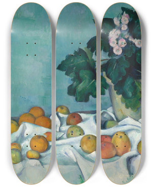 Triptych art skateboard deck of Paul Czanne Still Life With Apples And A Pot Of Primroses by Paul Cezanne (1839-1906)