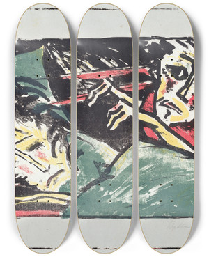 Triptych art skateboard deck of Walter Gramatt Qual Torment by Walter Gramatte (1897-1929)