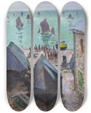 Triptych art skateboard deck of Claude Monet The Departure Of The Boats Tretat by Claude Monet (1840-1926)