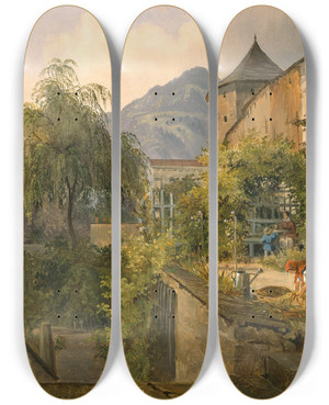 Triptych art skateboard deck of Ludwig Halauska A Garden Idyll by Ludwig Halauska (1827-1882)