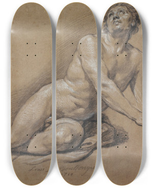 Triptych art skateboard deck of Louis De Boullogne The Younger Reclining Male Nude by Louis de Boullogne the Younger (1654-1733)