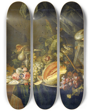 Triptych art skateboard deck of Cornelis De Heem Still Life With Copulating Sparrows by Cornelis de Heem (1631-1695)