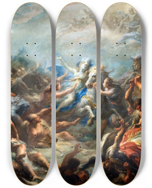 Triptych art skateboard deck of Giacomo Del Po Camillia At War From Virgils Aeneid by Giacomo Del Po (1654-1726)