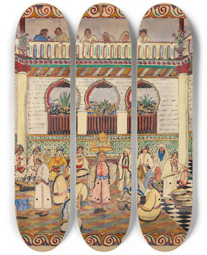 Triptych art skateboard deck of Mohammed Ben Ali Rbati Festival Scene by Mohammed Ben Ali Rbati (1861-1939)