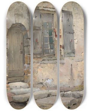 Triptych art skateboard deck of Fredrik Kolst House Wall In Grez by Fredrik Kolsto (1860-1945)