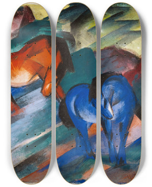 Triptych art skateboard deck of Franz Marc Red And Blue Horse_1 by Franz Marc (1880-1916)