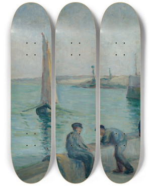 Triptych art skateboard deck of Maximilien Luce Honfleur Pcheurs Sur Le Port by Maximilien Luce (1858-1941)