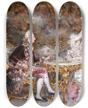 Triptych art skateboard deck of Juan Pablo Salinas A Visit To The Cardinal Checkmate by Juan Pablo Salinas (1871-1946)