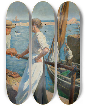 Triptych art skateboard deck of Stanhope Alexander Forbes The Pier Head by Stanhope Alexander Forbes (1857-1947)
