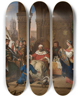 Triptych art skateboard deck of Aleksander Lesser Youth Of Bolesaw The Wrymouthed by Aleksander Lesser (1814-1884)
