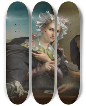Triptych art skateboard deck of Adle Kindt The Fortune Teller by Adele Kindt (1804-1893)