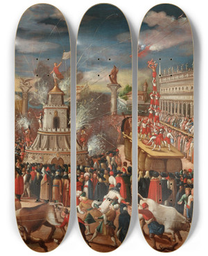 Triptych art skateboard deck of Venetian School The Giovedi Grasso Festival With The Forze Dercole In The Piazetta Venice by Venetian School