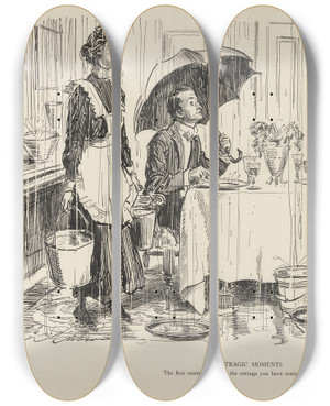 Triptych art skateboard deck of Charles Dana Gibson Tragic Moments The First Stormy Night In The Cottage You Have Rented For The Summer by Charles Dana Gibson (1867-1944)