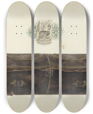 Triptych art skateboard deck of Charles Bowman Trunk by Charles Bowman