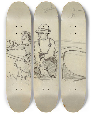 Triptych art skateboard deck of Winslow Homer Boy And Girl On A Plow by Winslow Homer (1836-1910)