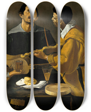Triptych art skateboard deck of Diego Velzquez The Three Musicians by Diego Velazquez (1599-1660)