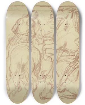 Triptych art skateboard deck of Fritz Boehle Horses Bustling by Fritz Boehle (1873-1916)