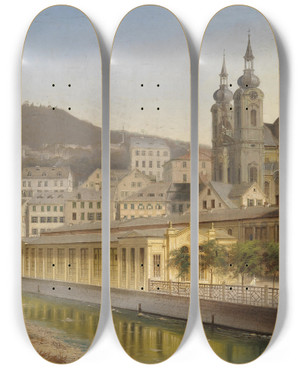 Triptych art skateboard deck of Johann Wilhelm Jankowski Blick Auf Karlsbad by Johann Wilhelm Jankowski (1825-1870)