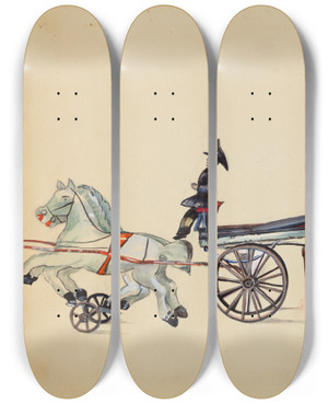 Triptych art skateboard deck of Mina Lowry Toy Hook And Ladder With Two Horses by Mina Lowry (1894-1942)