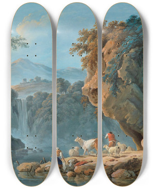 Triptych art skateboard deck of Jeanbaptiste Pillement A Shepherd Couple In A Mountainous Landscape by Jean-Baptiste Pillement (1728-1808)