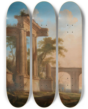 Triptych art skateboard deck of Pierre Antoine Patel The Younger Landscape With Ruins And An Aqueduct by Pierre Antoine Patel The Younger (1648-1707)