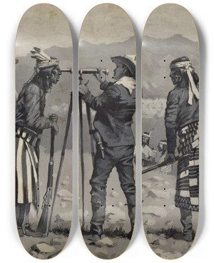 Triptych art skateboard deck of Frederic Remington Looking Through The Telescope by Frederic Remington (1861-1909)