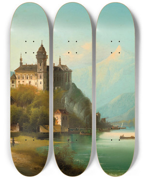 Triptych art skateboard deck of Johann Wilhelm Jankowsky A Castle On A Mountain Lake by Johann Wilhelm Jankowsky (1825-1870)
