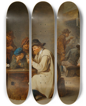 Triptych art skateboard deck of David Teniers The Younger The Card Players by David Teniers The Younger (1610-1690)