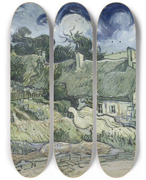 Triptych art skateboard deck of Vincent Van Gogh Thatched Cottages At Cordeville by Vincent van Gogh (1853-1890)