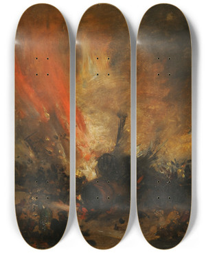 Triptych art skateboard deck of Genaro Prez Villaamil Explosin De Una Locomotora by Genaro Perez Villaamil (1807-1854)