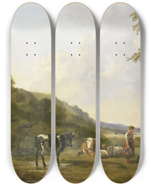 Triptych art skateboard deck of Pieter Gerardus Van Os Landscape With Herdsmen And Cattle by Pieter Gerardus Van Os (1776-1836)