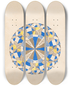 Triptych art skateboard deck of Winold Reiss Graphic Design Drawings For Barricini Candy Packages Study Wheel Pattern Lid Design In Blue Yellow And Gold by Winold Reiss (1886-1953)