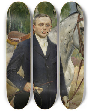 Triptych art skateboard deck of Wojciech Kossak Portrait Of Bronisaw Krystall With A Horse by Wojciech Kossak (1857-1942)