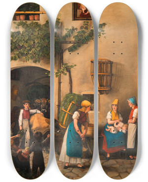 Triptych art skateboard deck of Michael Neder Die Ankunft Vom Felde by Michael Neder (1807-1882)