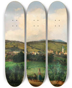 Triptych art skateboard deck of Carl Franz Michael Geyling Vienna A View Of The Church And Barracks In Mauer Seen From Lange Gasse by Carl Franz Michael Geyling (1814-1880)