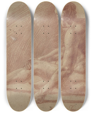 Triptych art skateboard deck of Josef Neher Hockender Mnnlicher Akt Nach Links Gewandt by Josef Neher