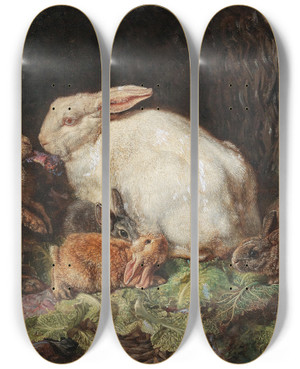 Triptych art skateboard deck of Friedrich Heimerdinger A Family Of Hares by Friedrich Heimerdinger (1817-1882)