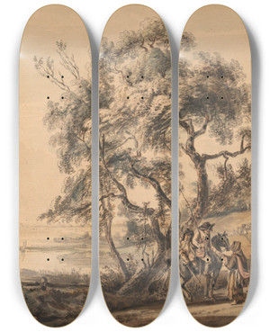 Triptych art skateboard deck of Paul Sandby The Gypsy Fortuneteller_1 by Paul Sandby (1731-1809)