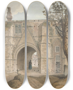 Triptych art skateboard deck of Samuel Hieronymus Grimm The Gatehouse Reading Abbey by Samuel Hieronymus Grimm (1733-1794)