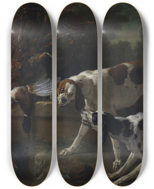 Triptych art skateboard deck of Jeanbaptiste Oudry Hounds With Wildfowl And Game by Jean-Baptiste Oudry (1686-1755)