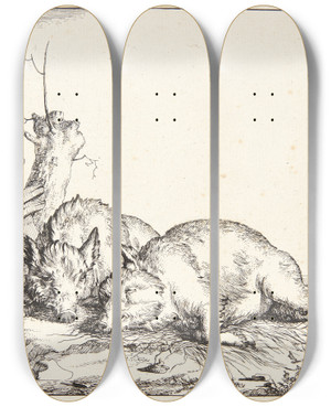 Triptych art skateboard deck of Marcus De Bye To Sovende Svin by Marcus de Bye (1638-1688)