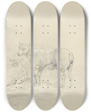 Triptych art skateboard deck of Sawrey Gilpin Three Sheep_1 by Sawrey Gilpin (1733-1807)