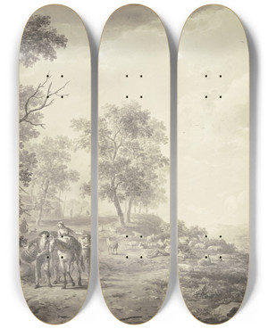 Triptych art skateboard deck of Abraham Teerlink An Einem Abhang Ein Schlafender Schfer Mit Seiner Herde Weiter Links Eine Buerin Zu Pferde Umgeben Von Drei Mit Ihr Zu Markte Ziehenden Bauern by Abraham Teerlink (1776-1857)