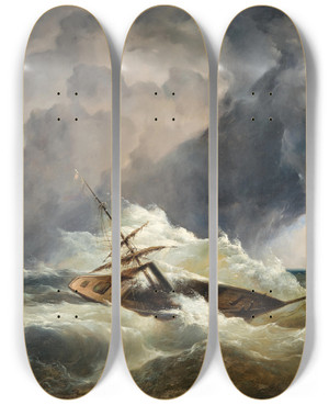 Triptych art skateboard deck of Dominik Schuhfried A Boat In Distress At Sea by Dominik Schuhfried (1810-1877)