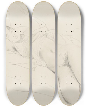 Triptych art skateboard deck of Giovanni Boldini Reclining Nude by Giovanni Boldini (1842-1931)