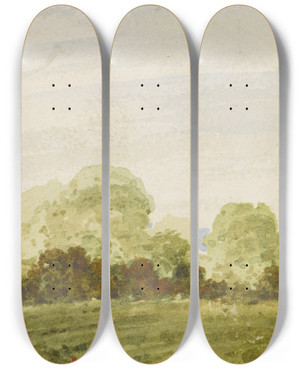 Triptych art skateboard deck of Ramsay Richard Reinagle Rolling Landscape With Trees by Ramsay Richard Reinagle (1775-1862)